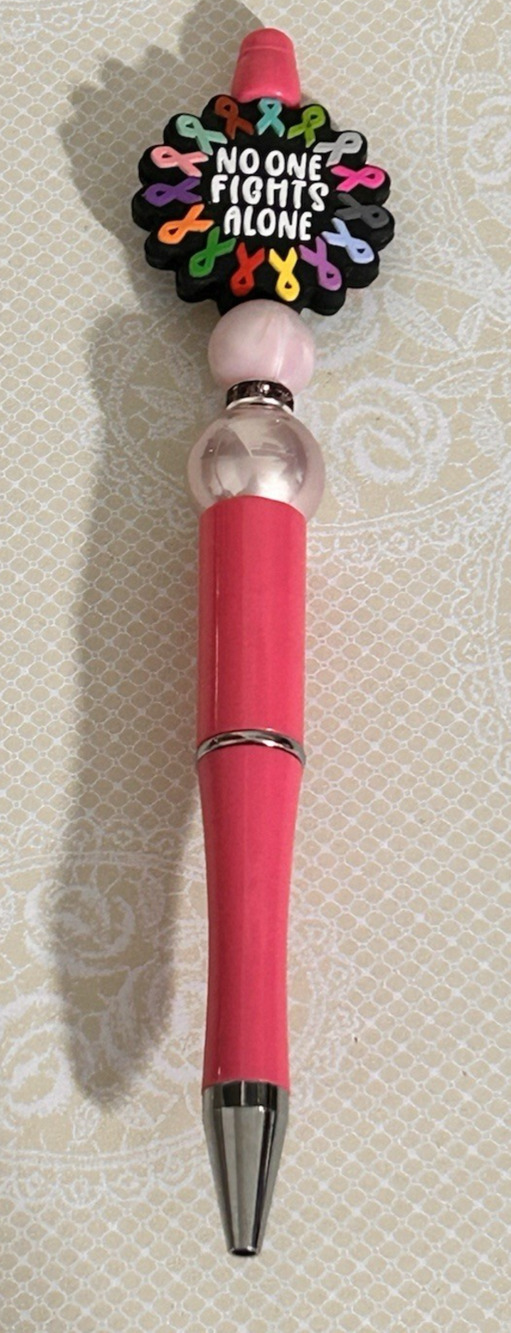 Custom Pink Beaded Pen Cancer Awareness Colorful No One Fights Alone Message